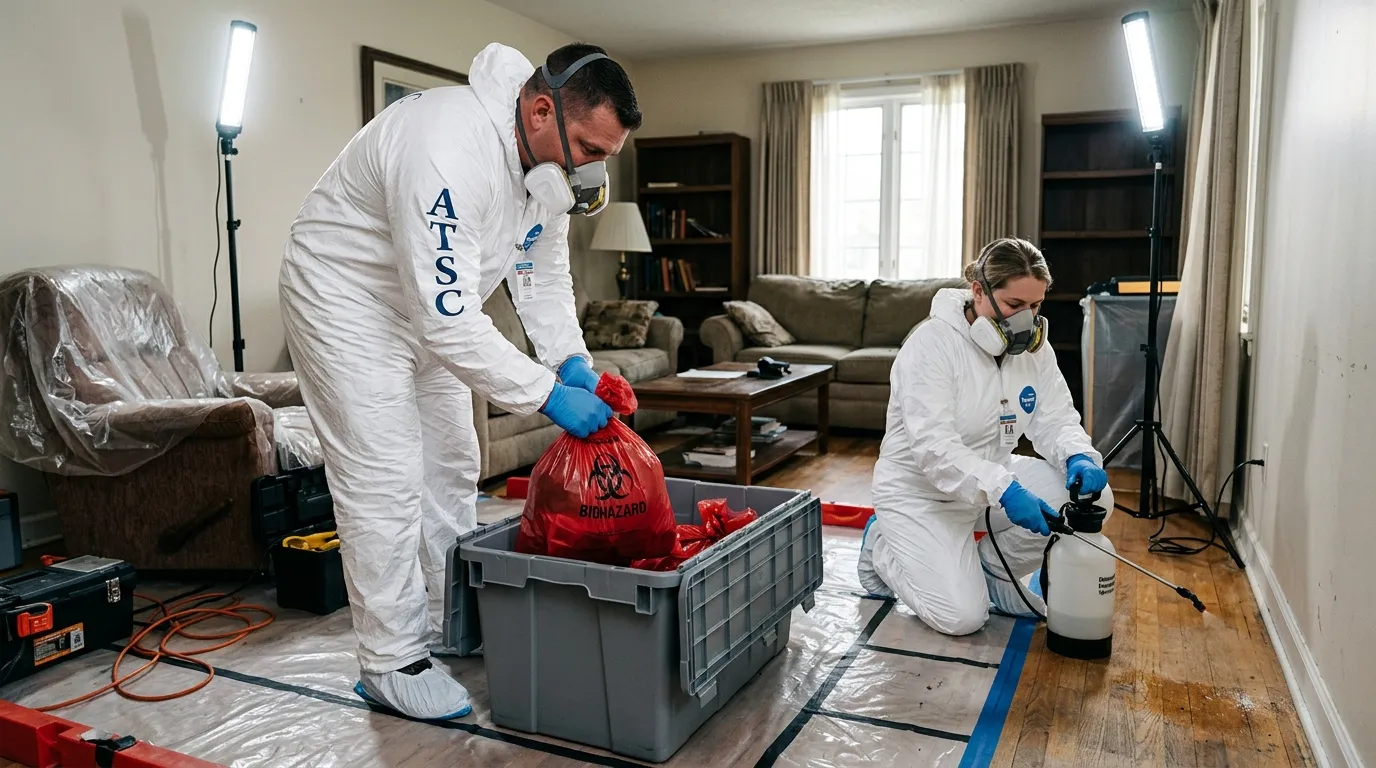 Professional Hoarding Cleanup technician in full PPE working in Dardenne Prairie